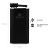 A black Stanley flask with dimensions and feature icons shown. Podgląd zdjęcia produktu