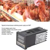 A digital temperature controller next to a background image of chickens in cages. Náhľad obrázku produktu