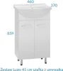 A white bathroom vanity with a sink and two doors, shown with dimensions indicated by numbers. Podgląd zdjęcia produktu