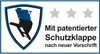 A marketing image featuring a shield logo with a diagram of a machine and text highlighting a patented feature. Produktbild-Vorschau