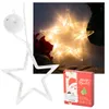 A collage showing a star-shaped LED light decoration, its packaging, and a close-up of the illuminated decoration. Produktbild-Vorschau