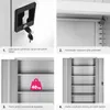 A collage of four images showing details of a metal cabinet, including its lock, adjustable shelves, weight capacity, and door hinges. Podgląd zdjęcia produktu