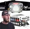 A collage of a man wearing a headlamp, the headlamp itself, and its packaging with feature descriptions. Náhled obrázku produktu