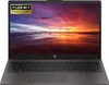 A black HP laptop is shown from the front with its screen displaying a colorful sunset over a beach. Produktbild-Vorschau