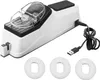 A white and black electric soldering iron with a clear protective cover and a USB charging cable is shown on a white background. Three white circular accessories are placed in front of the soldering iron. Náhled obrázku produktu