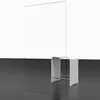 A clear glass shower screen is shown standing upright, with a white stool positioned behind it. Produktbild-Vorschau