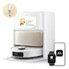 A white MOVA V50 Ultra Complete robot vacuum cleaner with a gold accent is shown with a bottle of cleaning fluid and a smartwatch and smartphone displaying the MOVA app. Produktbild-Vorschau