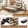 A bedroom scene featuring a bed frame with a rustic wood-look headboard and footboard, along with close-up shots highlighting product features. Podgląd zdjęcia produktu