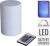 A product image collage showing a white cylindrical lamp, a remote control, and marketing graphics. Produktbild-Vorschau