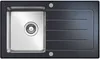A top-down view of a black kitchen sink with a stainless steel basin and a ribbed draining board. Produktbild-Vorschau
