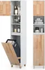A tall, narrow bathroom cabinet with wooden accents and a laundry hamper compartment. Náhled obrázku produktu