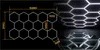 A diagram of hexagonal ceiling panels with dimensions, and images of installed hexagonal lighting panels on a ceiling and in a dome shape. Náhled obrázku produktu