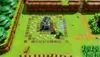 A scene from the video game The Legend of Zelda: Link's Awakening, showing two characters in a grassy area with a statue of a fish. Produktbild-Vorschau