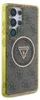 A close-up, angled view of a smartphone case with a brown and gray Guess logo pattern. Voir les images du produit