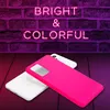 A pink and white phone case are displayed on a wooden surface, with neon text reading 'BRIGHT & COLORFUL' in the background. Produktbild-Vorschau