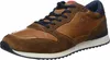 A single brown and tan leather and suede sneaker with navy blue laces and accents, shown from a side angle on a white background. Produktbild-Vorschau