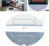 A collage of images showing a person using a robot vacuum cleaner, a close-up of the vacuum cleaner's mopping attachment, and diagrams of mopping pads with dimensions. Produktbild-Vorschau