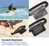 A collage of images showing a person on a jet ski, a close-up of a waterproof pouch on a beach, and two different colors of the waterproof pouch. Produktbild-Vorschau