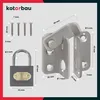 A product shot of a stainless steel door bolt and a padlock, with dimensions and screw details. Produktbild-Vorschau