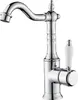 A chrome-finished faucet with a white handle against a white background. Produktbild-Vorschau