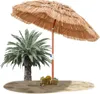 A straw beach umbrella with a palm tree and tropical drinks on sand. Náhled obrázku produktu