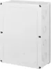 A white electrical junction box with multiple circular knockouts on the side. Produktbild-Vorschau