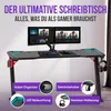 A gaming desk with dual monitors, keyboard, mouse, and various accessories highlighted with callouts. Voir les images du produit