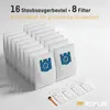 A product shot of vacuum cleaner bags and filters, with marketing text overlay. Produktbild-Vorschau