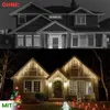 A split image showing a house without Christmas lights and the same house decorated with Christmas lights. Produktbild-Vorschau