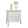 A white high-gloss nightstand with gold accents and legs, decorated with a bust and a lamp. Produktbild-Vorschau