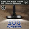 A vacuum cleaner head with LED lights is shown cleaning a floor, with text overlays highlighting features and benefits. Produktbild-Vorschau