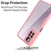 A pink phone case is shown from an angle, with text overlay describing its drop protection features. The case is depicted as falling and hitting a cracked surface, illustrating its protective qualities. Produktbild-Vorschau