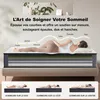 A woman lying on a mattress, with diagrams illustrating body support, and smaller images showing different sleeping positions. Voir les images du produit