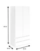 A white wardrobe with two doors and three drawers, shown with dimensions indicated by arrows and text. Voir les images du produit