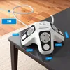 A white power strip with multiple outlets and USB ports is shown on a dark table, with dimensions indicated by blue labels. Produktbild-Vorschau