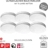A group of six white, round smoke detectors are arranged in two rows of three. The background is white. There are several logos and text elements around the smoke detectors. Produktbild-Vorschau