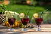 Three glasses of dark red drink with lemon slices and straws on a wooden table outdoors, with lemons and greenery in the background. Podgląd zdjęcia produktu