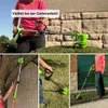 A collage of images showing a green electric trimmer being used for various gardening tasks, including trimming grass, cutting branches, and edging lawns. Produktbild-Vorschau