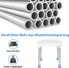 A shower stool with aluminum legs and a white seat, shown with images of aluminum pipes and icons indicating features. Produktbild-Vorschau