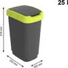 A 3D rendering of a gray trash can with a lime green lid and dimensions indicated. Náhľad obrázku produktu