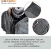 A close-up of a gray blanket with pockets and sleeves, along with detail shots of the fabric and pockets. Text describes the product's features. Produktbild-Vorschau