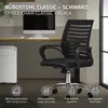 An office chair is shown in a room with a desk and a computer. There are also icons with text at the bottom highlighting features of the chair. Produktbild-Vorschau