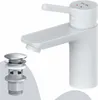A white bathroom faucet and a chrome pop-up drain assembly are shown against a white and light gray background. Produktbild-Vorschau