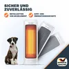 A heater is shown with text highlighting its safety features, and a puppy is sitting next to it. Produktbild-Vorschau