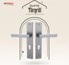 A pair of silver door handles with keyholes, presented in a marketing graphic with text and decorative elements. Produktbild-Vorschau