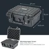A black outdoor photo case with dimensions indicated by text and arrows. Produktbild-Vorschau