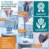 A collage of images showcasing a 14-piece table fireplace set and its accessories, with text highlighting quality and safety. Produktbild-Vorschau