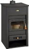 A black wood-burning stove with a glass door and a gold handle. Produktbild-Vorschau