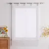 A white sheer curtain hangs on a window rod, with a small vase of flowers on a wooden dresser to the left and a branch with yellow leaves to the right. Produktbild-Vorschau