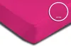 A close-up view of a pink fitted sheet, with a circular inset showing a magnified view of the fabric texture and the word "Jersey". Produktbild-Vorschau